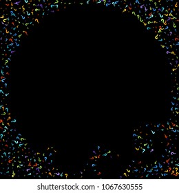Question marks scattered on black background. Quiz, doubt, poll, survey, faq, interrogation, query background. Multicolored template for opinion poll, public poll. Rainbow color. Vector illustration.