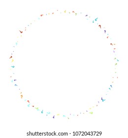 Question marks scattered on black background. Quiz, doubt, poll, survey, faq, interrogation, query background. Multicolored template for opinion poll, public poll. Rainbow color. Vector illustration.