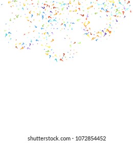 Question marks scattered on black background. Quiz, doubt, poll, survey, faq, interrogation, query background. Multicolored template for opinion poll, public poll. Rainbow color. Vector illustration.