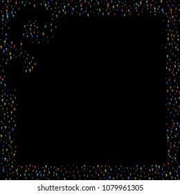 Question marks scattered on black background. Quiz, doubt, poll, survey, faq, interrogation, query background. Multicolored template for opinion poll, public poll. Rainbow color. Vector illustration.