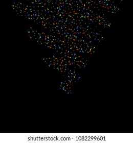 Question marks scattered on black background. Quiz, doubt, poll, survey, faq, interrogation, query background. Multicolored template for opinion poll, public poll. Rainbow color. Vector illustration.