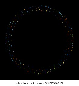 Question marks scattered on black background. Quiz, doubt, poll, survey, faq, interrogation, query background. Multicolored template for opinion poll, public poll. Rainbow color. Vector illustration.
