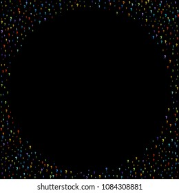 Question marks scattered on black background. Quiz, doubt, poll, survey, faq, interrogation, query background. Multicolored template for opinion poll, public poll. Rainbow color. Vector illustration.