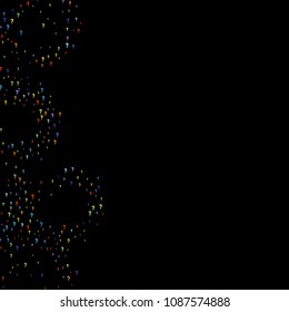 Question marks scattered on black background. Quiz, doubt, poll, survey, faq, interrogation, query background. Multicolored template for opinion poll, public poll. Rainbow color. Vector illustration.