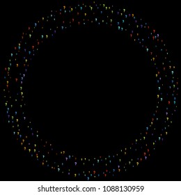 Question marks scattered on black background. Quiz, doubt, poll, survey, faq, interrogation, query background. Multicolored template for opinion poll, public poll. Rainbow color. Vector illustration.