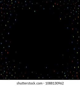 Question marks scattered on black background. Quiz, doubt, poll, survey, faq, interrogation, query background. Multicolored template for opinion poll, public poll. Rainbow color. Vector illustration.