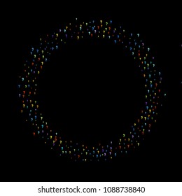 Question marks scattered on black background. Quiz, doubt, poll, survey, faq, interrogation, query background. Multicolored template for opinion poll, public poll. Rainbow color. Vector illustration.