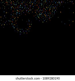Question marks scattered on black background. Quiz, doubt, poll, survey, faq, interrogation, query background. Multicolored template for opinion poll, public poll. Rainbow color. Vector illustration.