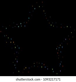 Question marks scattered on black background. Quiz, doubt, poll, survey, faq, interrogation, query background. Multicolored template for opinion poll, public poll. Rainbow color. Vector illustration.