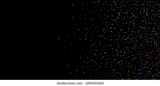 Question marks scattered on black background. Quiz, doubt, poll, survey, faq, interrogation, query background. Multicolored template for opinion poll, public poll. Rainbow color. Vector illustration.