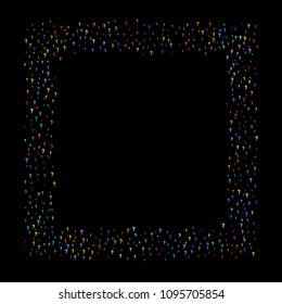 Question marks scattered on black background. Quiz, doubt, poll, survey, faq, interrogation, query background. Multicolored template for opinion poll, public poll. Rainbow color. Vector illustration.