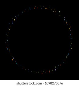 Question marks scattered on black background. Quiz, doubt, poll, survey, faq, interrogation, query background. Multicolored template for opinion poll, public poll. Rainbow color. Vector illustration.