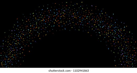 Question marks scattered on black background. Quiz, doubt, poll, survey, faq, interrogation, query background. Multicolored template for opinion poll, public poll. Rainbow color. Vector illustration.