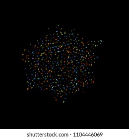 Question marks scattered on black background. Quiz, doubt, poll, survey, faq, interrogation, query background. Multicolored template for opinion poll, public poll. Rainbow color. Vector illustration.
