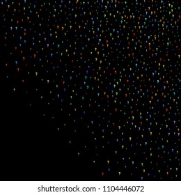 Question marks scattered on black background. Quiz, doubt, poll, survey, faq, interrogation, query background. Multicolored template for opinion poll, public poll. Rainbow color. Vector illustration.