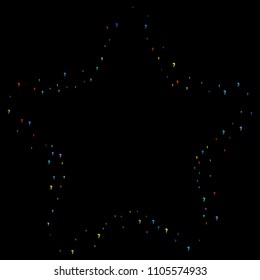 Question marks scattered on black background. Quiz, doubt, poll, survey, faq, interrogation, query background. Multicolored template for opinion poll, public poll. Rainbow color. Vector illustration.