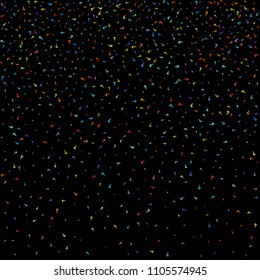 Question marks scattered on black background. Quiz, doubt, poll, survey, faq, interrogation, query background. Multicolored template for opinion poll, public poll. Rainbow color. Vector illustration.
