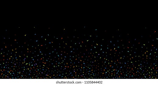 Question marks scattered on black background. Quiz, doubt, poll, survey, faq, interrogation, query background. Multicolored template for opinion poll, public poll. Rainbow color. Vector illustration.