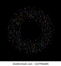 Question marks scattered on black background. Quiz, doubt, poll, survey, faq, interrogation, query background. Multicolored template for opinion poll, public poll. Rainbow color. Vector illustration.