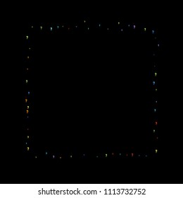 Question marks scattered on black background. Quiz, doubt, poll, survey, faq, interrogation, query background. Multicolored template for opinion poll, public poll. Rainbow color. Vector illustration.