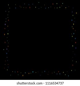 Question marks scattered on black background. Quiz, doubt, poll, survey, faq, interrogation, query background. Multicolored template for opinion poll, public poll. Rainbow color. Vector illustration.