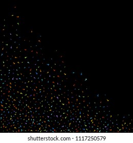 Question marks scattered on black background. Quiz, doubt, poll, survey, faq, interrogation, query background. Multicolored template for opinion poll, public poll. Rainbow color. Vector illustration.