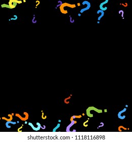 Question marks scattered on black background. Quiz, doubt, poll, survey, faq, interrogation, query background. Multicolored template for opinion poll, public poll. Rainbow color. Vector illustration.