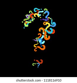 Question marks scattered on black background. Quiz, doubt, poll, survey, faq, interrogation, query background. Multicolored template for opinion poll, public poll. Rainbow color. Vector illustration.