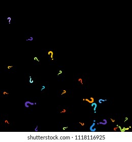 Question marks scattered on black background. Quiz, doubt, poll, survey, faq, interrogation, query background. Multicolored template for opinion poll, public poll. Rainbow color. Vector illustration.