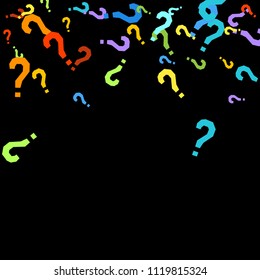 Question marks scattered on black background. Quiz, doubt, poll, survey, faq, interrogation, query background. Multicolored template for opinion poll, public poll. Rainbow color. Vector illustration.