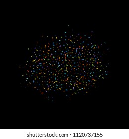 Question marks scattered on black background. Quiz, doubt, poll, survey, faq, interrogation, query background. Multicolored template for opinion poll, public poll. Rainbow color. Vector illustration.