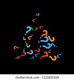 Question marks scattered on black background. Quiz, doubt, poll, survey, faq, interrogation, query background. Multicolored template for opinion poll, public poll. Rainbow color. Vector illustration.