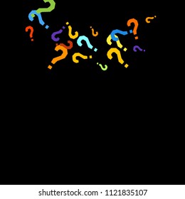 Question marks scattered on black background. Quiz, doubt, poll, survey, faq, interrogation, query background. Multicolored template for opinion poll, public poll. Rainbow color. Vector illustration.