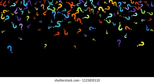 Question marks scattered on black background. Quiz, doubt, poll, survey, faq, interrogation, query background. Multicolored template for opinion poll, public poll. Rainbow color. Vector illustration.