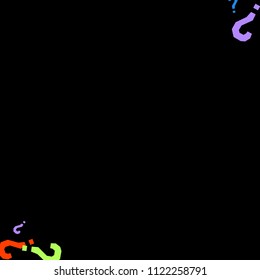 Question marks scattered on black background. Quiz, doubt, poll, survey, faq, interrogation, query background. Multicolored template for opinion poll, public poll. Rainbow color. Vector illustration.