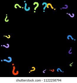 Question marks scattered on black background. Quiz, doubt, poll, survey, faq, interrogation, query background. Multicolored template for opinion poll, public poll. Rainbow color. Vector illustration.