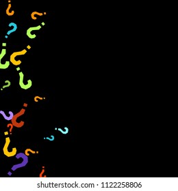 Question marks scattered on black background. Quiz, doubt, poll, survey, faq, interrogation, query background. Multicolored template for opinion poll, public poll. Rainbow color. Vector illustration.
