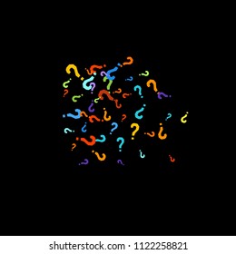 Question marks scattered on black background. Quiz, doubt, poll, survey, faq, interrogation, query background. Multicolored template for opinion poll, public poll. Rainbow color. Vector illustration.