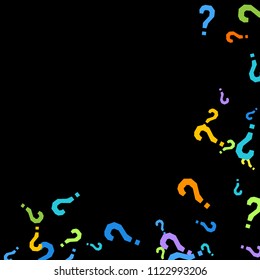 Question marks scattered on black background. Quiz, doubt, poll, survey, faq, interrogation, query background. Multicolored template for opinion poll, public poll. Rainbow color. Vector illustration.