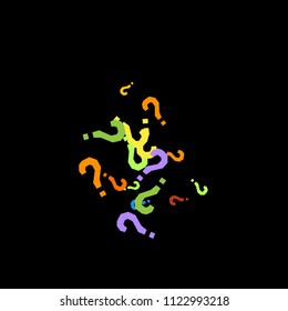 Question marks scattered on black background. Quiz, doubt, poll, survey, faq, interrogation, query background. Multicolored template for opinion poll, public poll. Rainbow color. Vector illustration.