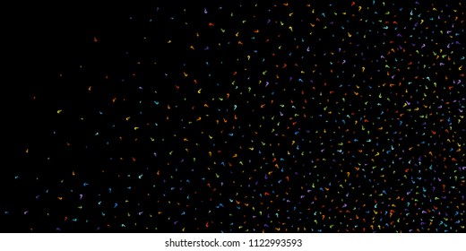 Question marks scattered on black background. Quiz, doubt, poll, survey, faq, interrogation, query background. Multicolored template for opinion poll, public poll. Rainbow color. Vector illustration.