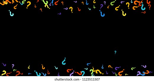 Question marks scattered on black background. Quiz, doubt, poll, survey, faq, interrogation, query background. Multicolored template for opinion poll, public poll. Rainbow color. Vector illustration.