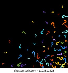 Question marks scattered on black background. Quiz, doubt, poll, survey, faq, interrogation, query background. Multicolored template for opinion poll, public poll. Rainbow color. Vector illustration.