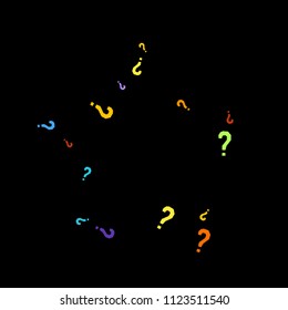 Question marks scattered on black background. Quiz, doubt, poll, survey, faq, interrogation, query background. Multicolored template for opinion poll, public poll. Rainbow color. Vector illustration.