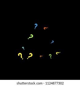 Question marks scattered on black background. Quiz, doubt, poll, survey, faq, interrogation, query background. Multicolored template for opinion poll, public poll. Rainbow color. Vector illustration.