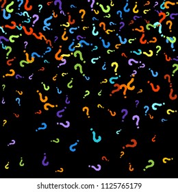 Question marks scattered on black background. Quiz, doubt, poll, survey, faq, interrogation, query background. Multicolored template for opinion poll, public poll. Rainbow color. Vector illustration.
