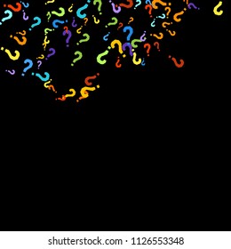 Question marks scattered on black background. Quiz, doubt, poll, survey, faq, interrogation, query background. Multicolored template for opinion poll, public poll. Rainbow color. Vector illustration.