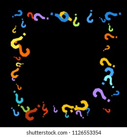 Question marks scattered on black background. Quiz, doubt, poll, survey, faq, interrogation, query background. Multicolored template for opinion poll, public poll. Rainbow color. Vector illustration.