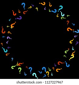 Question marks scattered on black background. Quiz, doubt, poll, survey, faq, interrogation, query background. Multicolored template for opinion poll, public poll. Rainbow color. Vector illustration.
