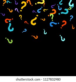 Question marks scattered on black background. Quiz, doubt, poll, survey, faq, interrogation, query background. Multicolored template for opinion poll, public poll. Rainbow color. Vector illustration.